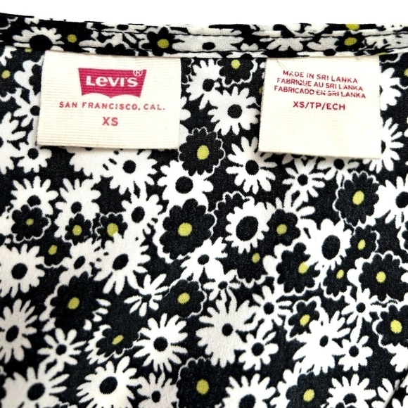 Levi's Brooks Caviar 90s Midi Dress Black White Daisy Floral Button Front V-Neck - Picture 8 of 12